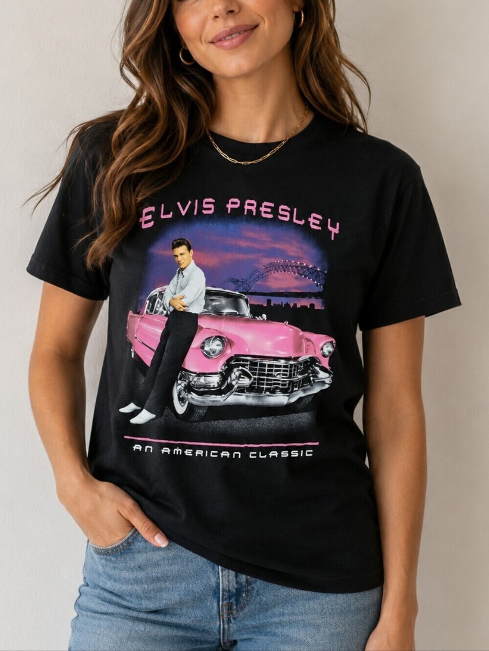 ELVIS PRESLEY Pink Cadillac Black Short Sleeve Unisex T-shirt